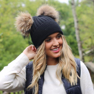 Double Fur Pom, Angora Knit Beanie-Wholesale-Pretty-Simple