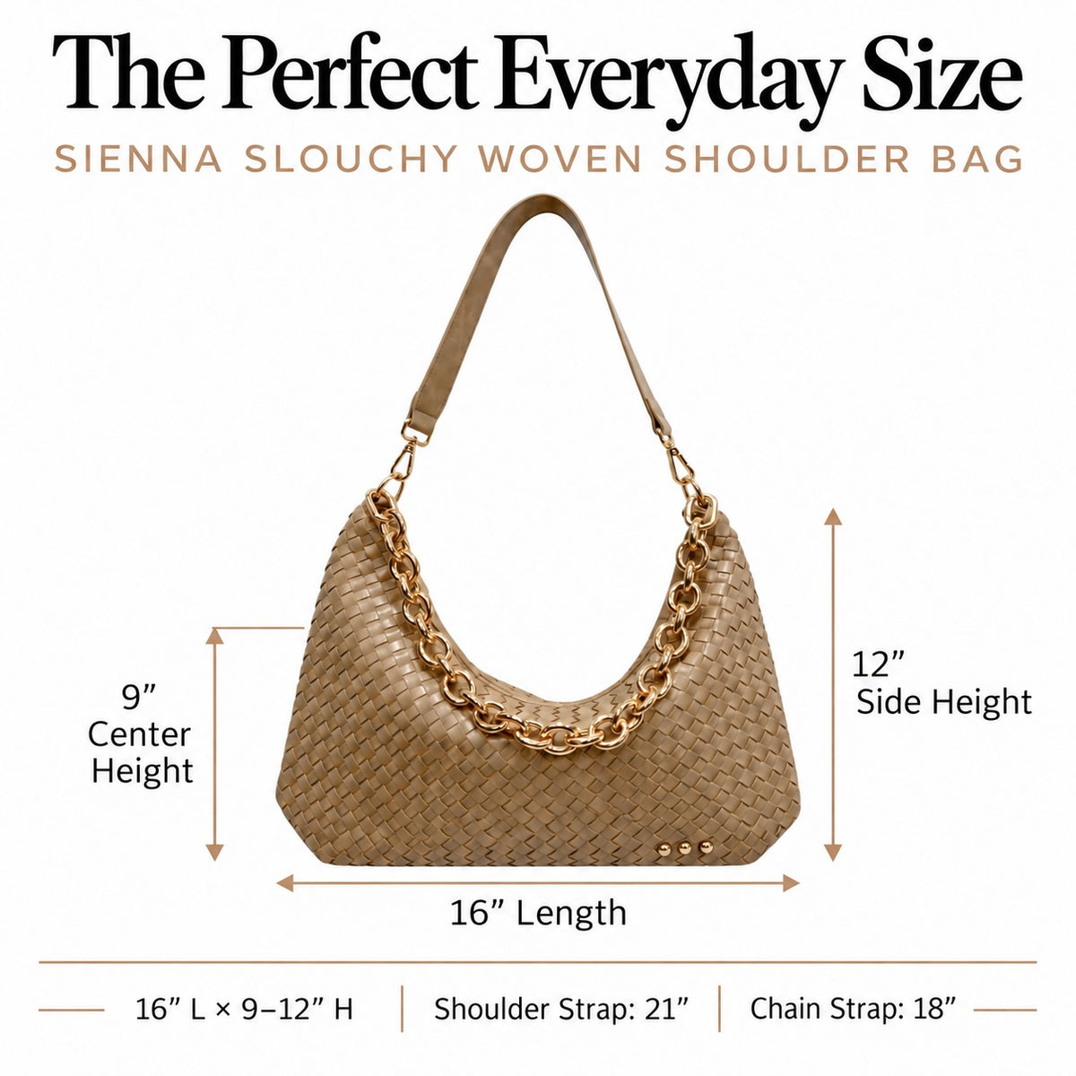A beige woven shoulder bag with a gold chain detail, shown with dimension labels indicating 16