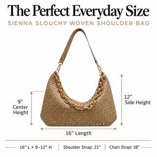 A beige woven shoulder bag with a gold chain detail, shown with dimension labels indicating 16" length, 9" center height, 12" side height, strap measurements, and the text 'The Perfect Everyday Size' and 'Sienna Slochy Woven Shoulder Bag'.