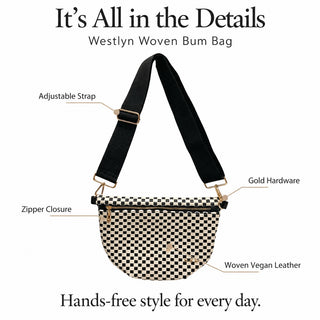 Westlyn Woven Bum Bag with a black and beige checkered pattern, black adjustable strap, and gold-tone hardware, shown with feature callout labels on a white background.