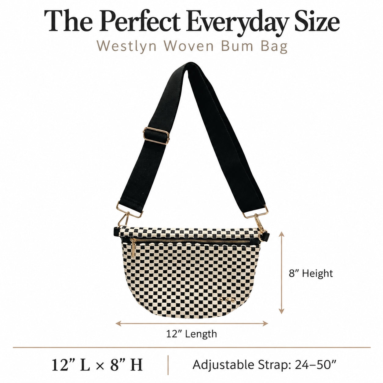 A Westlyn Woven Bum Bag with a black and beige checkerboard pattern, black adjustable shoulder strap, and gold-tone hardware, shown with dimension labels indicating 12
