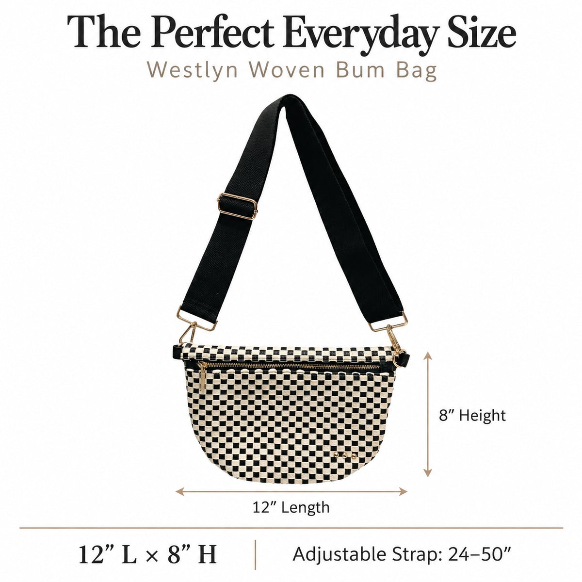 A Westlyn Woven Bum Bag with a black and beige checkerboard pattern, black adjustable shoulder strap, and gold-tone hardware, shown with dimension labels indicating 12