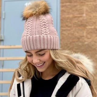 angora cable knit hat- fur pom beanie blush pink