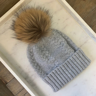 angora cable knit hat- fur pom beanie