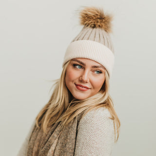 2 Tone Angora Knit Fur Pom Beanie- Wholesale - Pretty Simple