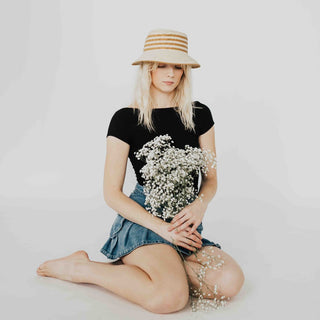 Pretty Simple Adeline Straw Bucket Hat - cream hat with tan stripes