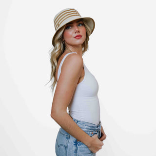 Pretty Simple Adeline Straw Bucket Hat - cream hat with tan stripes 