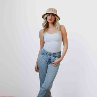 Pretty Simple Adeline Straw Bucket Hat - cream hat with tan stripes 