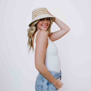 Pretty Simple Adeline Straw Bucket Hat - cream hat with tan stripes 